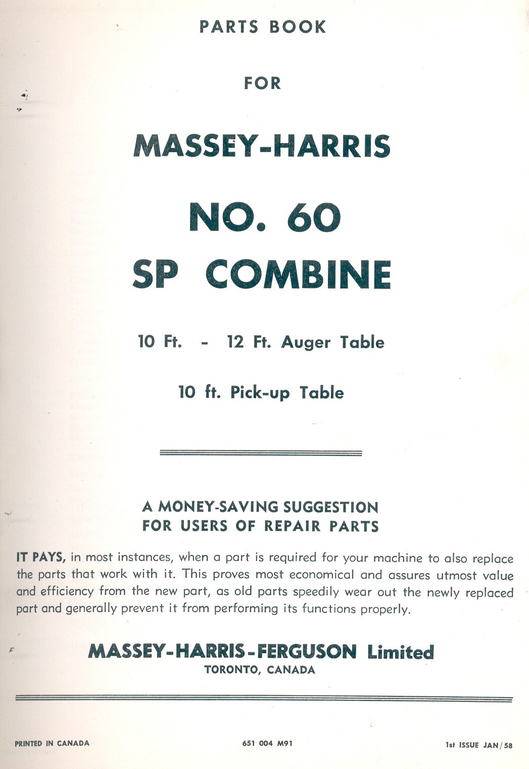 1957 MASSEY HARRIS # 60 SP Self Propelled COMBINE -Illustrated Repair Parts List