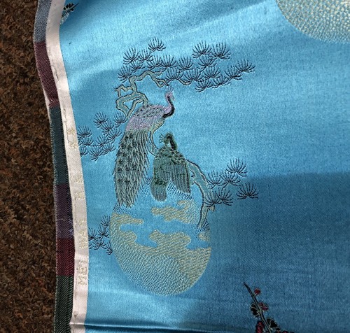 Vintage Fou Wah Silk Fabric 5 Yards Turquoise Blue Peacocks