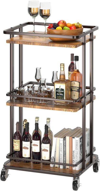 Rolling Serving Bar Cart, Wood and Metal Kitchen Island Stor