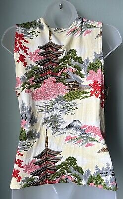 AGB Byer California Sz L Sleeveless Tank Top Asian Floral Pagoda Print Vintage