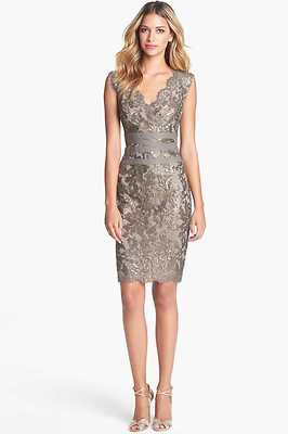 Pre-owned Tadashi Shoji Smoke Pearl Paillette Embroidered Sequin Lace Banded Dress In White