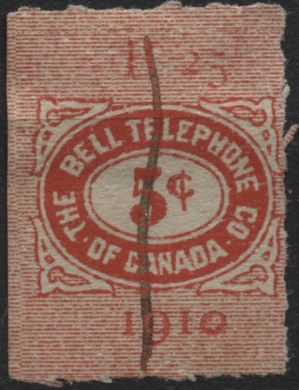 Canada 1910 VanDam #TBT42 1910 5c red Bell Telephone frank, used