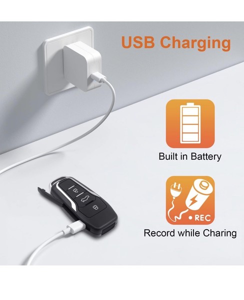 USB car key charger with recording feature.