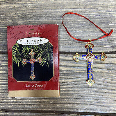 Vintage 1997 Hallmark Keepsake Ornament Classic Cross Precious Metal Blue Red
