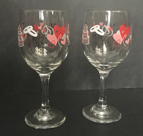 Mr. And Mrs. Wedding Wine Glasses Set Bells Hearts Flowers She Said Yes I Do