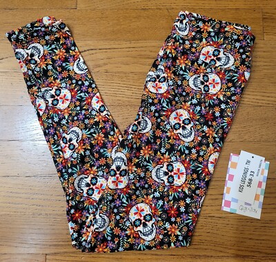 LuLaRoe Gigi + Jax Witchful Thinking Tween Leggings Sugar Skulls & Flowers NWT