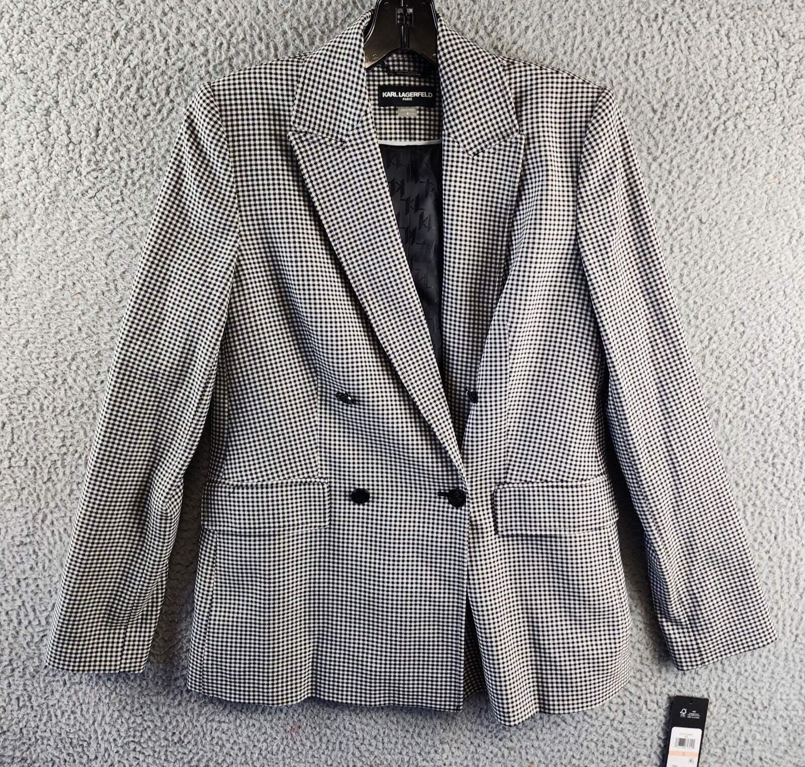 Karl Lagerfeld Houndstooth Double-Breasted Blazer Women's 2 Black/White L/S - Picture 2 of 14