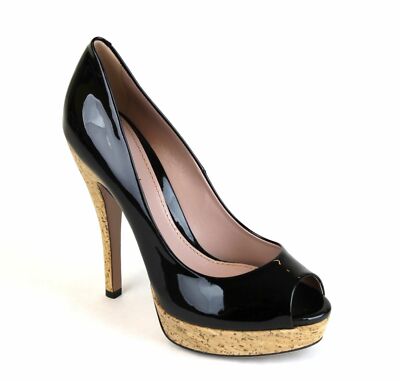 Pre-owned Gucci $685 Auth  Patent Leather Cork Platform Heel Pump, Black, 310175 1000