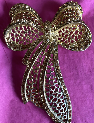 Brooch Large gold bow ribbon Madison Tyler Rhinestone Gold Tone Brown stones