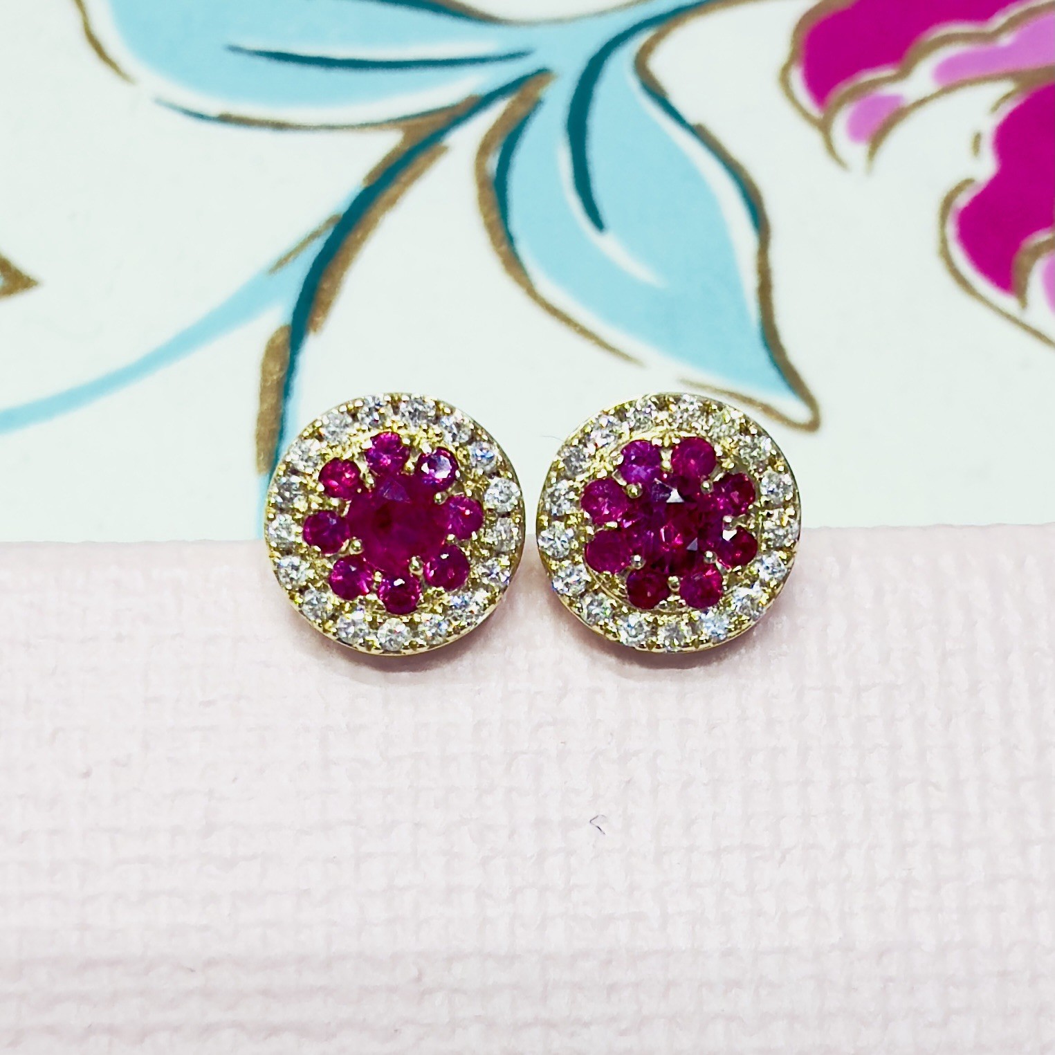 14k Yellow Gold Genuine Ruby & Diamond Halo Stud Screw-Back Earrings, New - Picture 7 of 10