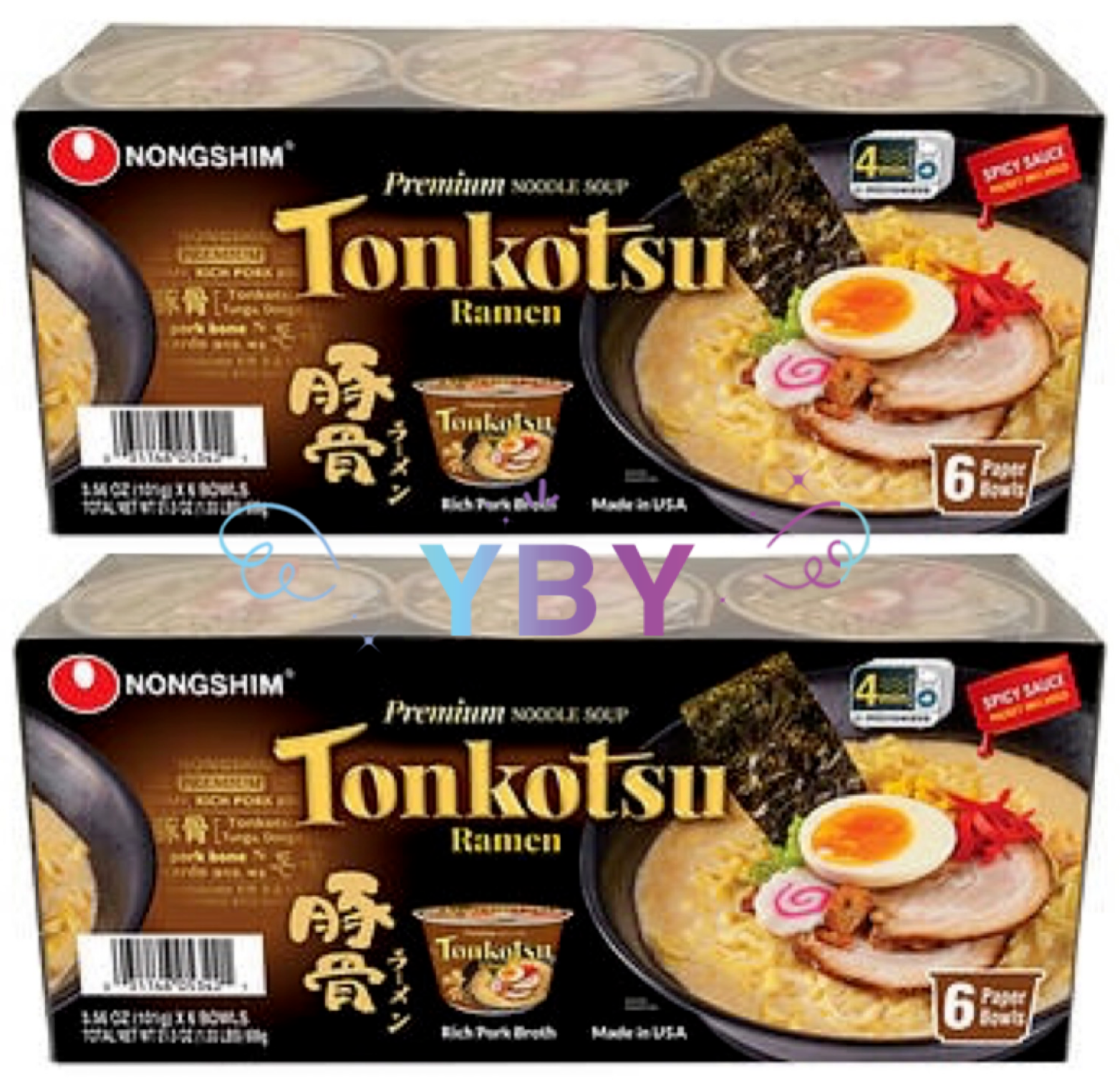 2 Packs Nongshim Tonkotsu Ramen Bowl, 3.56 oz, 6-count Each Pack, Total 12 Bowls