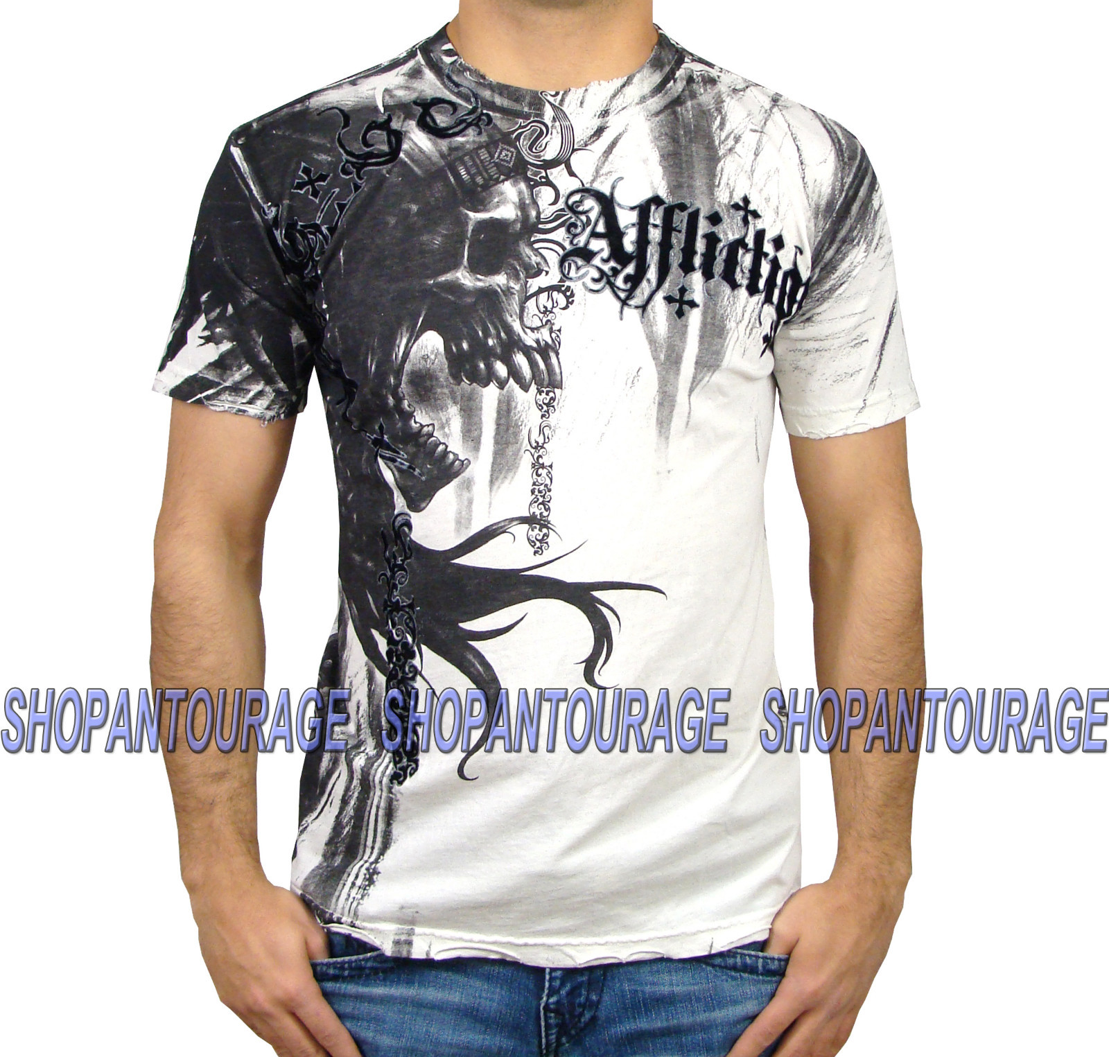 Affliction Indian Chief A8165 Neu Totenkopf Grafik Mode Weiß TShirt für Männer
