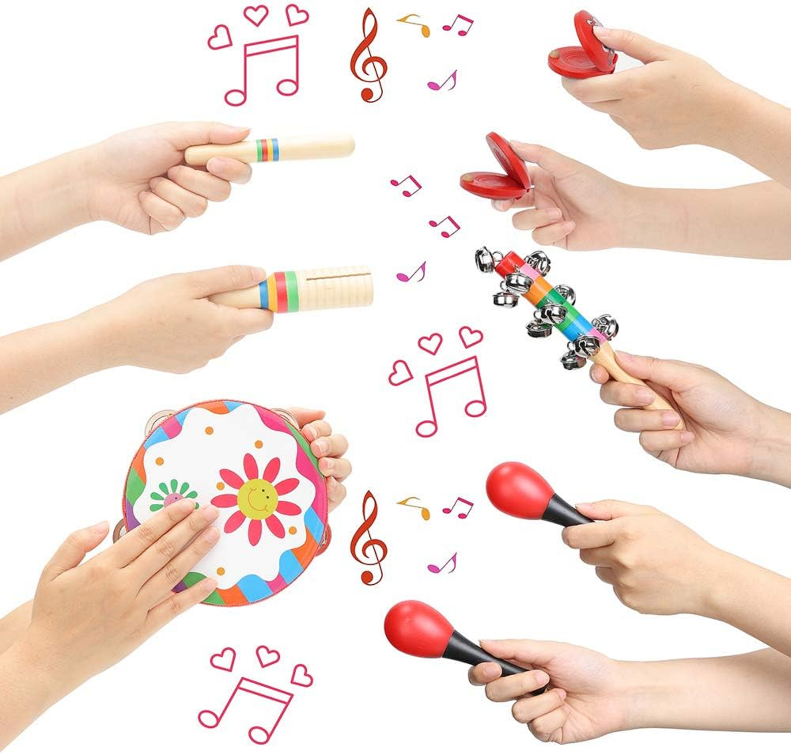 Juguetes musicales para bebés, tambor de percusión, pandereta de madera (rojo)