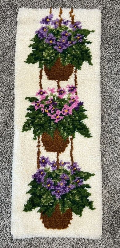 Vintage Handmade Hooked Rug Floral Wall Hanging 39x15 Purple Potted Flowers