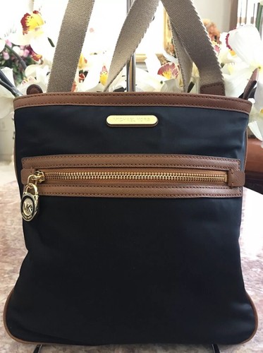 Michael Kors Kempton Black Brown Nylon Leather Cross-body Bag EUC, $98