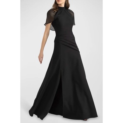 Shoshanna Huntington Pleated Crepe Cape Gown Maxi Dress Womens Size 4 Black New