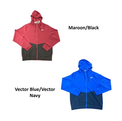 

Мужская тренировочная тканая куртка Reebok с застежкой-молнией и шнурком с регулируемым капюшоном и цветными блоками