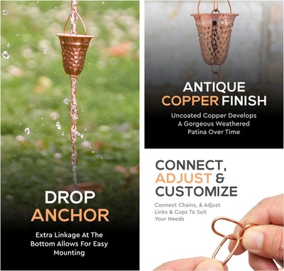 Copper Hammered Rain Chain – Decorative Chimes & Cups Replace Gutter Downspou...