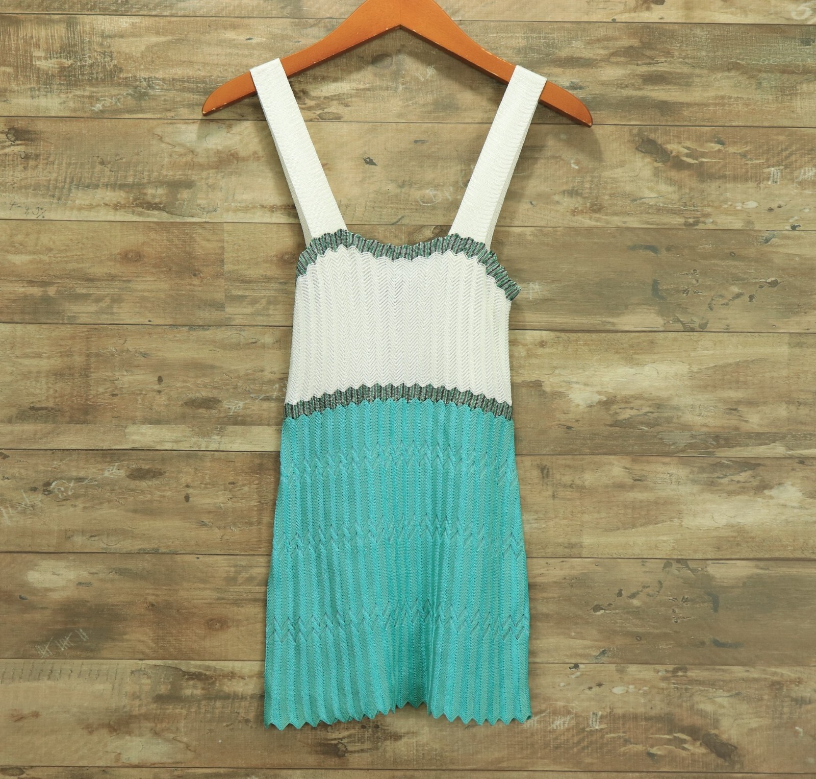 M Missoni Sz 8 Teal Green White Colorblock ZigZag Knit Tunic