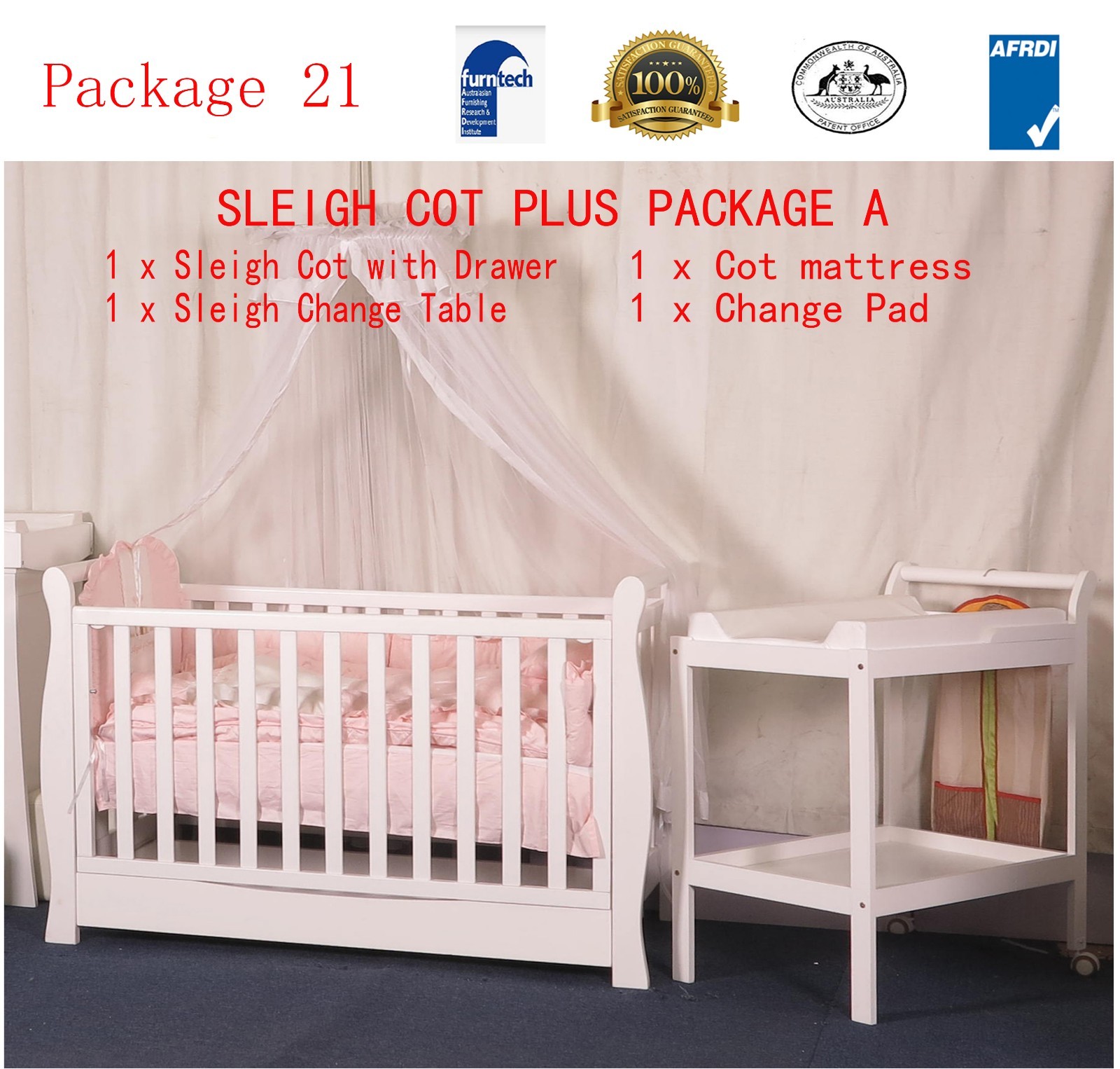 Sleigh Cot Drawer Change Table Mattress Pad Crib Baby Bed Chest
