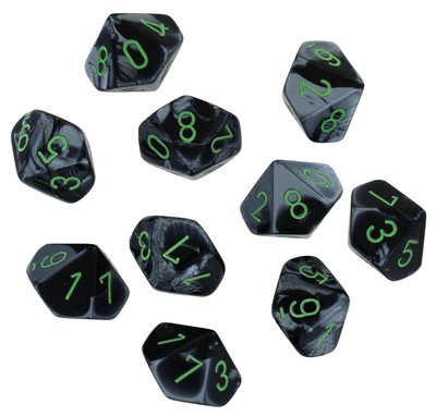 Шахматные кости Chessex Gemini Черно-серые/зеленые D10 - Набор из 10 кубиков