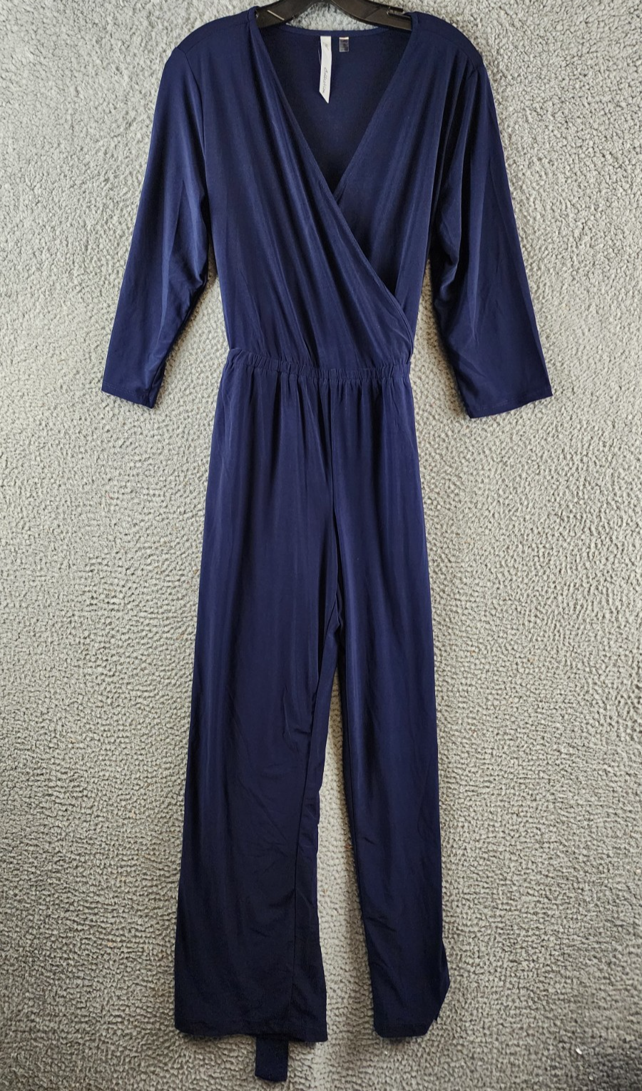 NY Collection Petite 3/4 Sleeve Belted Jumpsuit Women's PL Navy Blue Solid - Picture 2 of 18
