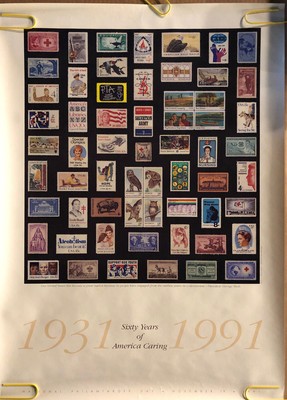 Original Vintage Poster Sixty Years Of America Caring Tourism Pin Up Stamps 1991