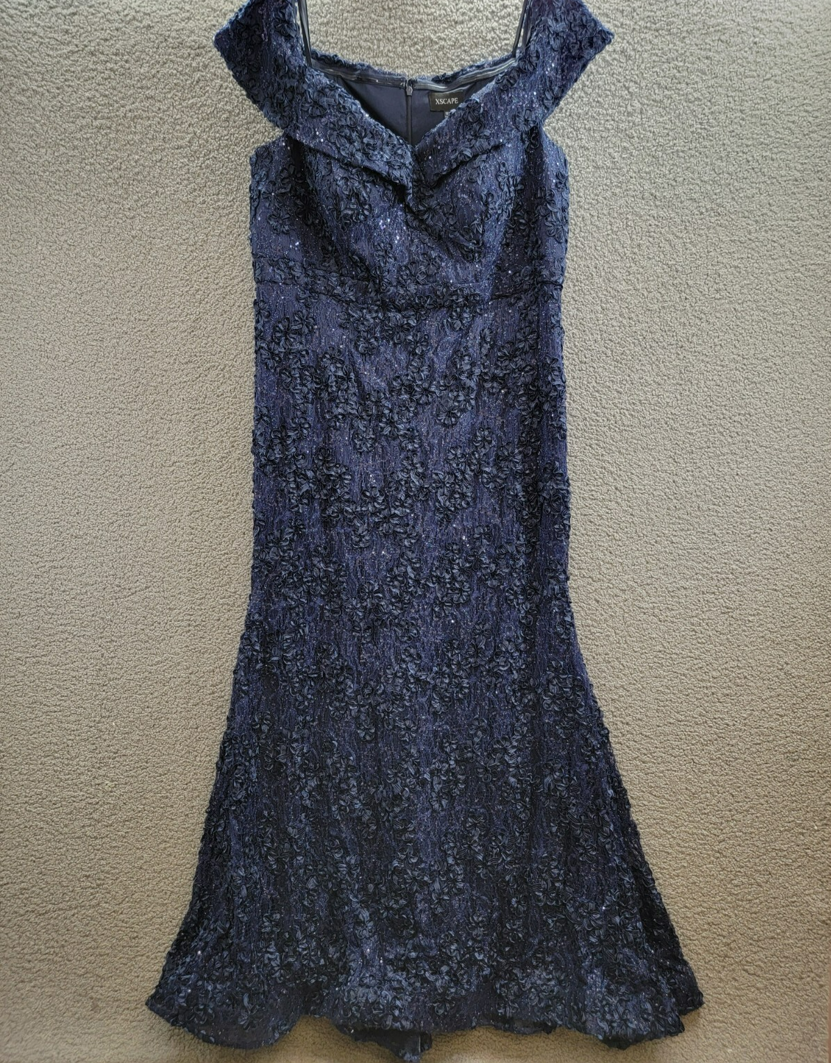 Xscape Plus Size Off Shoulder Embroidered Lace Dress Women's 16W Navy Back Zip - Picture 2 of 21