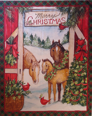 Christmas Fabric PANEL Horses Susan Winget Cotton Approx 1 YARD