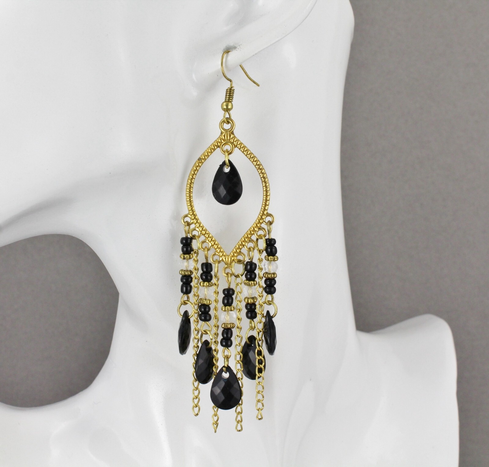 Black dark Gold beaded chandelier earrings lightweight