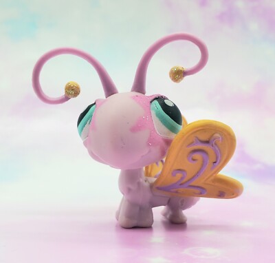 Littlest Pet Shop # 397 Purple Glitter Butterfly  Yellow Wings Teal Eyes