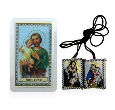 San Jose Tarjeta Laminada de Oracion con Escapulario 2 Pc Set Prayer Card New