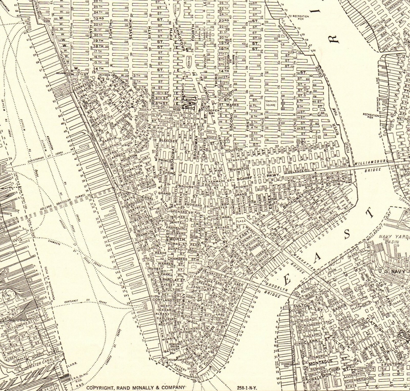 1937 Antique MANHATTAN MAP Vintage New York City Map Lower Manhattan Map 6534