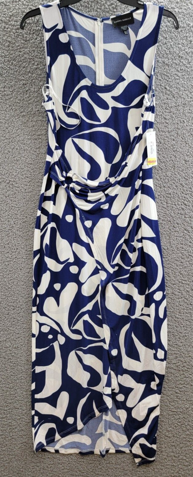 Donna Morgan Printed Wrap-Waist Asymmetric Dress Women's 8 Navy Back Zip Closure - Picture 2 of 16