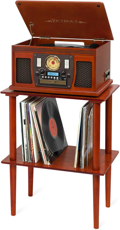 Nostalgic Classic Wood 6-In-1 Bluetooth Turntable Entertainment Center, Mahogany