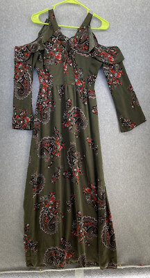 Koton Casual Women's Maxi Dress Cold Shoulder Size 34 (EU) Floral Olive Green