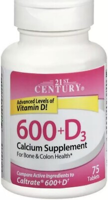 2 PACK- 21st Century Calcium 600+D3 Tablets, Compare To Caltrate, 75 count Each.