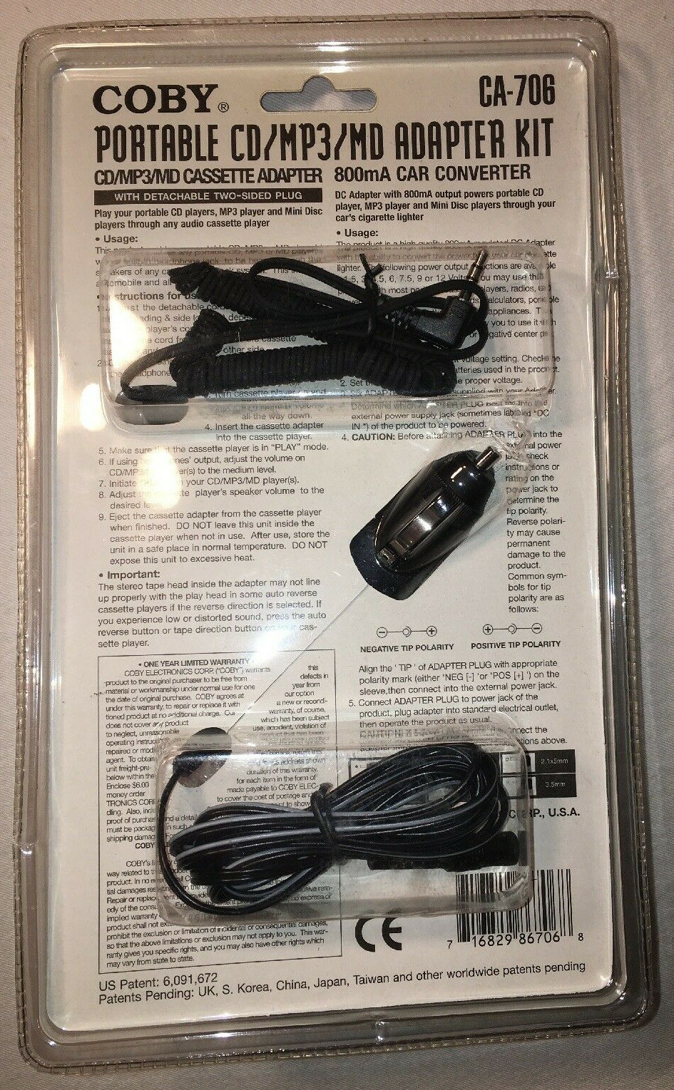 Coby Portable Cd/mp3/md Cassette Adapter Kit Ca-706