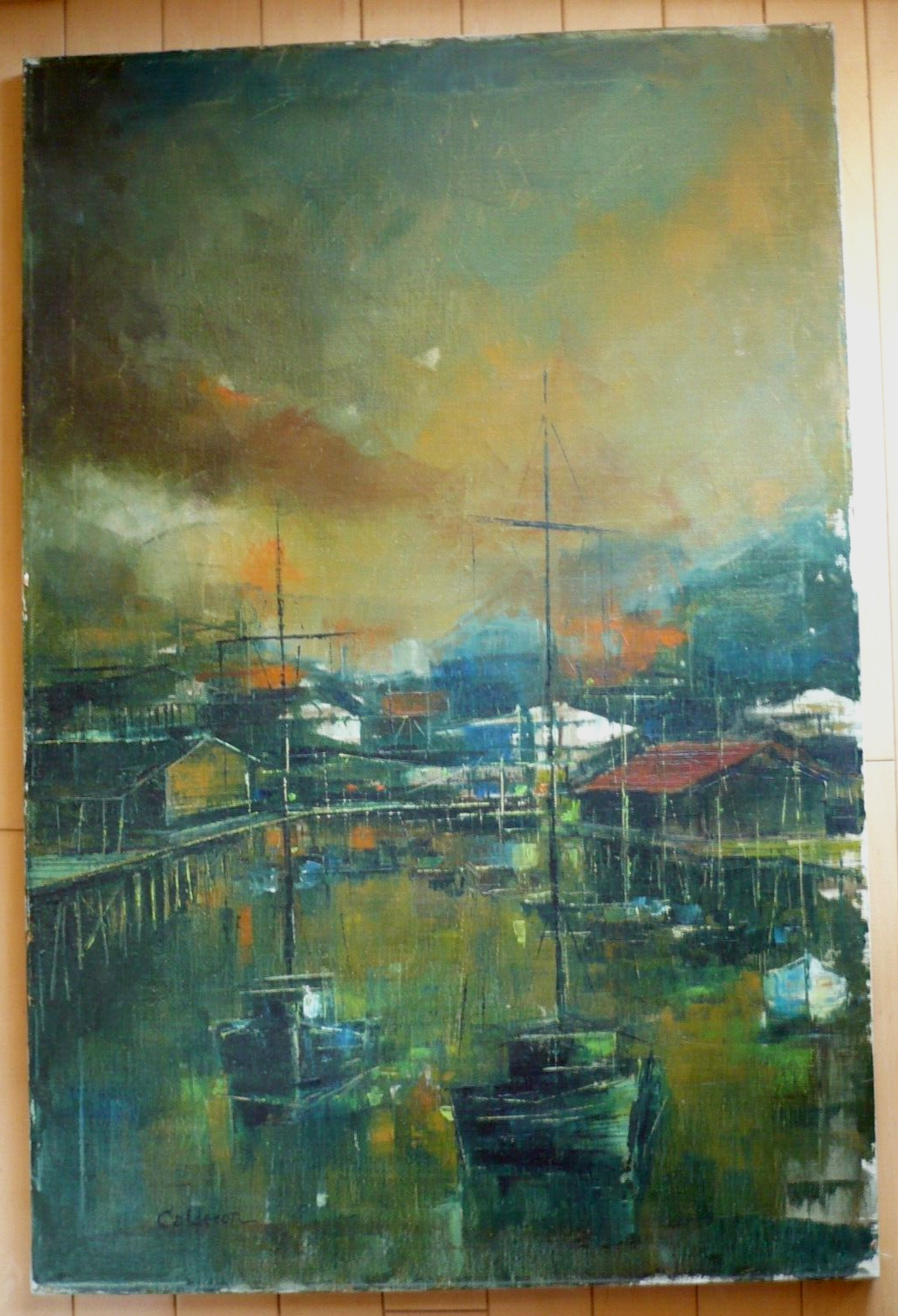 CALDERON, CUBIST CUBISM HARBOR BOATS MODERN IMPRESSIONIST, VINTAGE SIGNED OIL