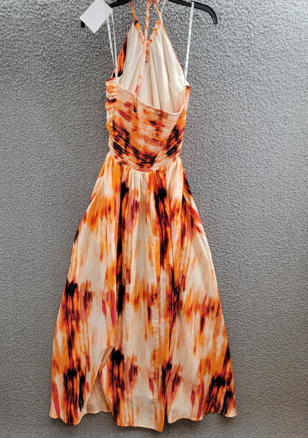 DKNY Printed Satin Strappy Halter Maxi Dress Women's L Orange Blossom Back Tie - Picture 9 of 14