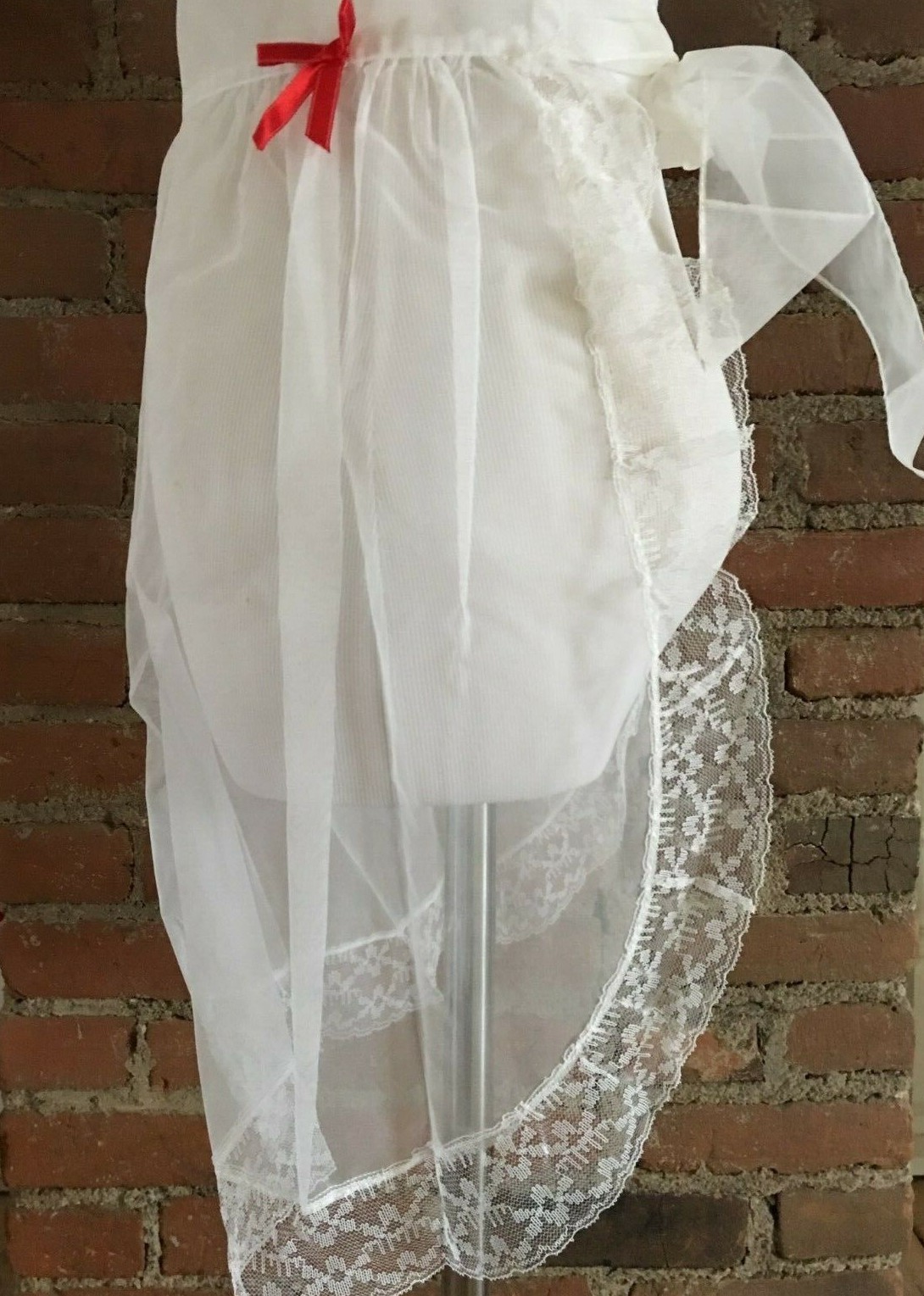 Vintage Mid Century White Sheer Half Apron Lace Trim Pocket Red Bow Accent