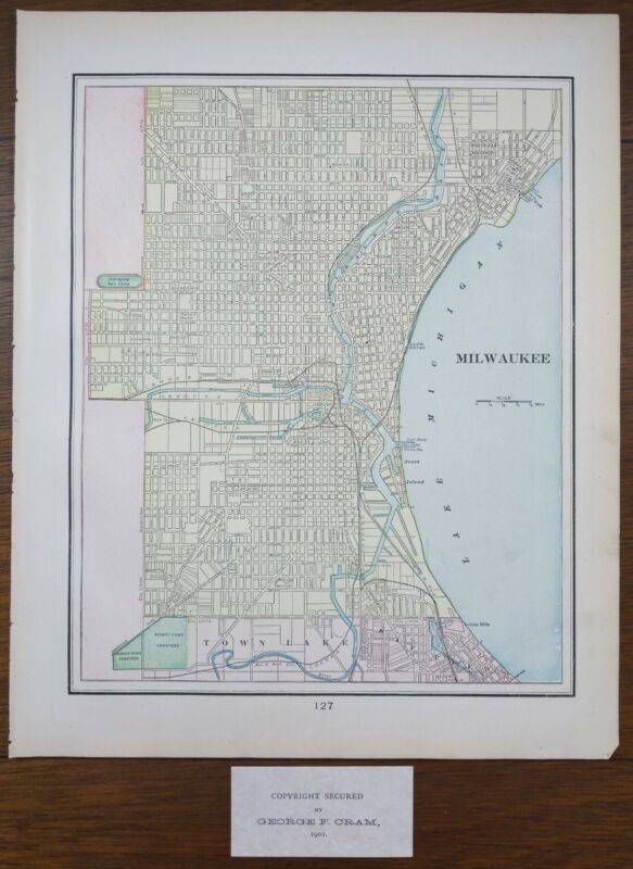 Vintage 1901 MILWAUKEE WISCONSIN Map 11"x14" ~ Old Antique Original CONCORDIA 