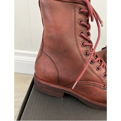 Pre-owned Frye Women's Ankle-high Leather Combat Boot With Lug Sole, Size 7.5 In Red