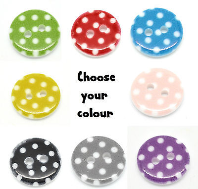 Two Hole Buttons x10 Polka Dot 15mm Sewing Card Making Craft Choice of Colours
