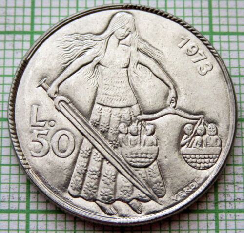 SAN MARINO 1973 50 LIRE, JUSTICE WITH SWORD AND SCALES, UNC