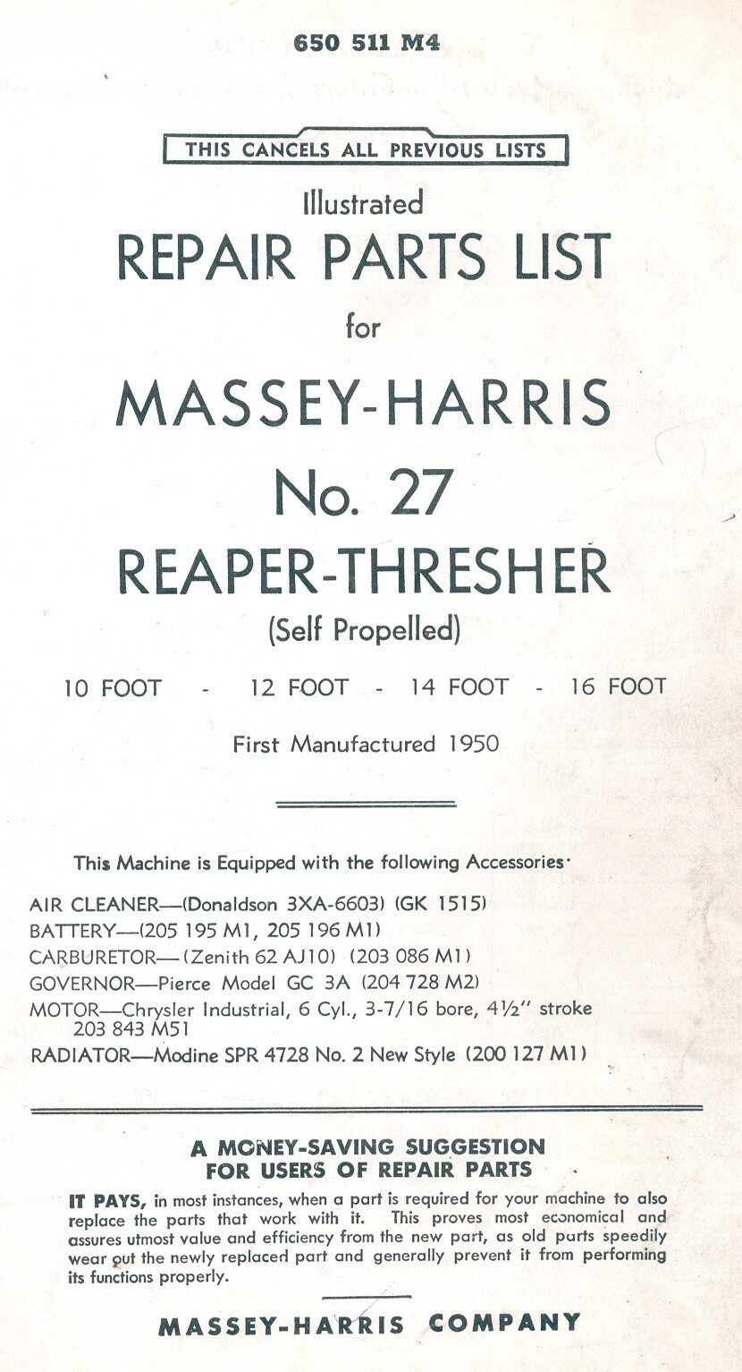 1959 MASSEY HARRIS #27 REAPER THRESHER Combine - Illustrated Repair Parts List