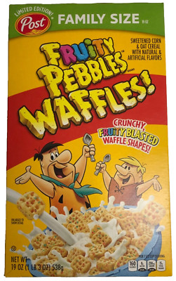 NEW LIMITED EDITION POST FRUITY PEBBLES WAFFLES! CRUNCHY FRUITY CEREAL 19 OZ BOX