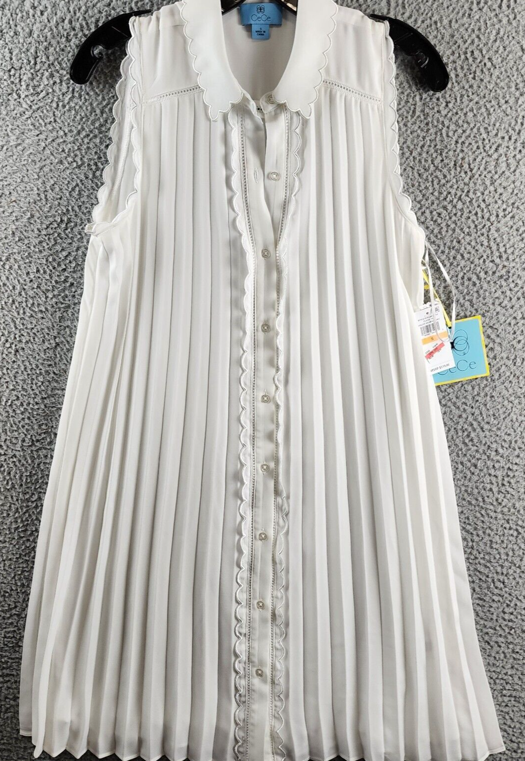 CeCe Pleated Scallop-Trim Button-Up Dress Women's S New Ivory Button Closure~ - Picture 2 of 13