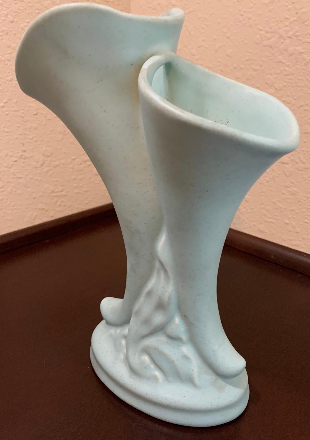 Vintage Princeton Double Cornucopia Horn Green Vase P195? Pottery Art Deco Mint