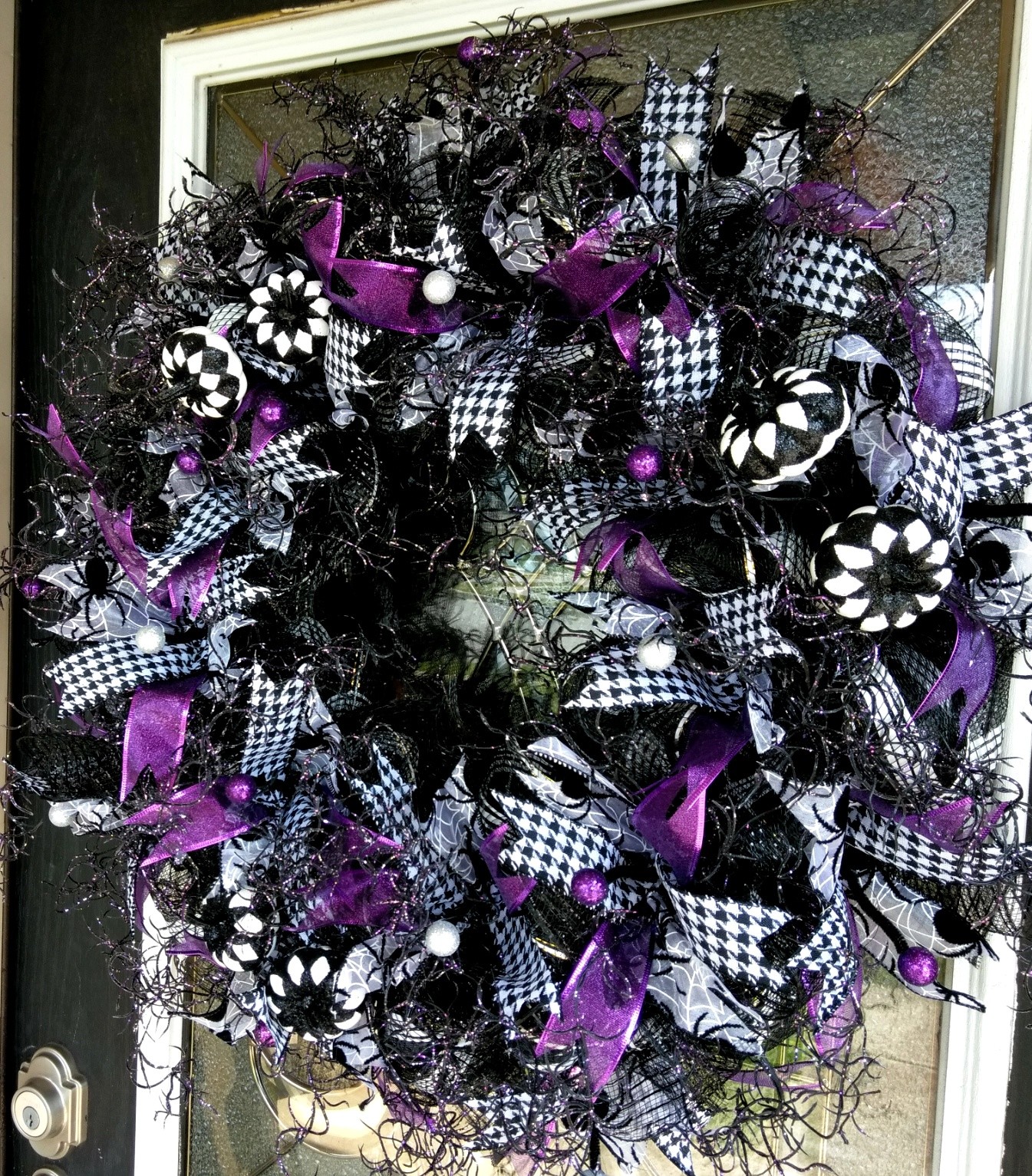 Stunning Purple Black White Halloween Deco Mesh Front Door Wreath, Home Decor